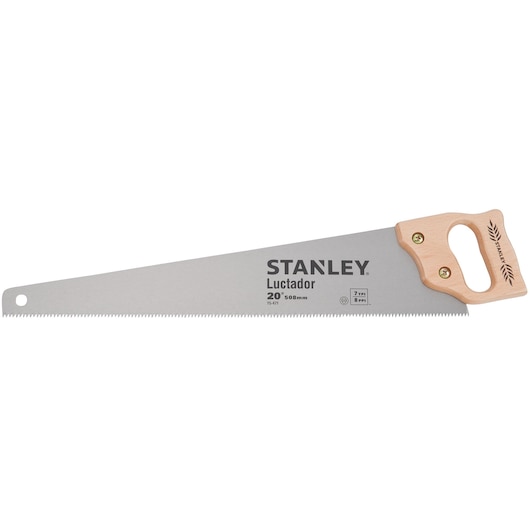 Photo of STANLEY 15-471 hand saw with wooden handle and 20 inch steel blade, side angle on white background.
