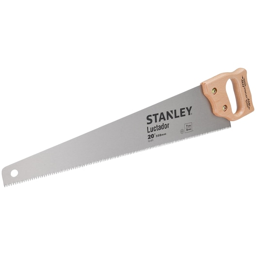 STANLEY 15-471 hand saw, 20-inch blade, wooden handle, side angle, photography of saw on white background.