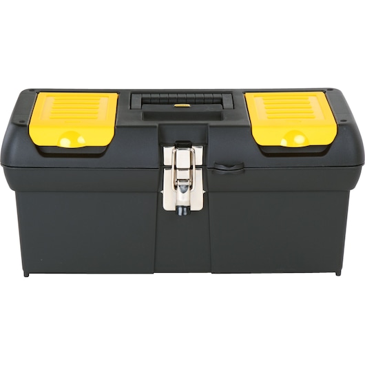 STANLEY 16-013 tool box, black with yellow compartments and metal latch, photographed from the front on white background.
