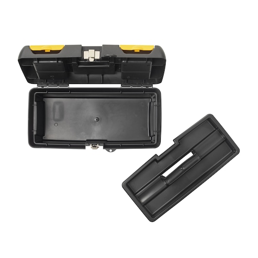 STANLEY 16-013 tool box with open lid and removable tray, shown from top angle on white background.