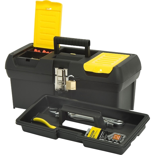STANLEY 16-013 toolbox with plastic tray, black and yellow, angled view, lid open showing compartments.