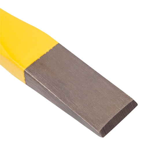 STANLEY 16-310 chisel tool close-up, yellow handle, steel blade on white background.