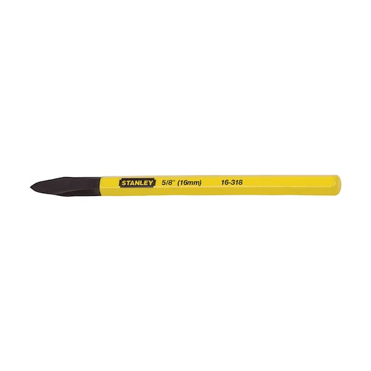 Photo of STANLEY 16-318 yellow cold chisel with black forged tip, product category photography, side angle on white background.