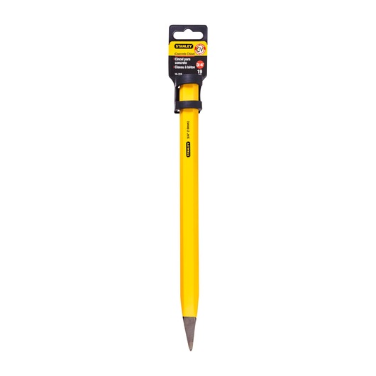 Photo of STANLEY 16-319 concrete chisel, yellow hexagonal body, pointed tip, front view on white background.
