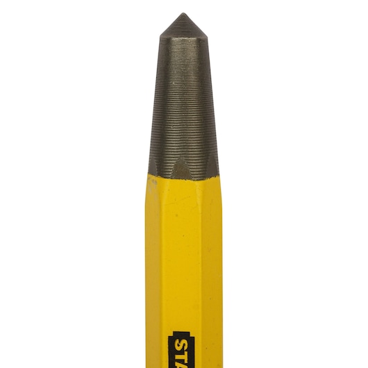 Close-up image of a Stanley branded yellow center punch tool with a pointed, metallic tip.