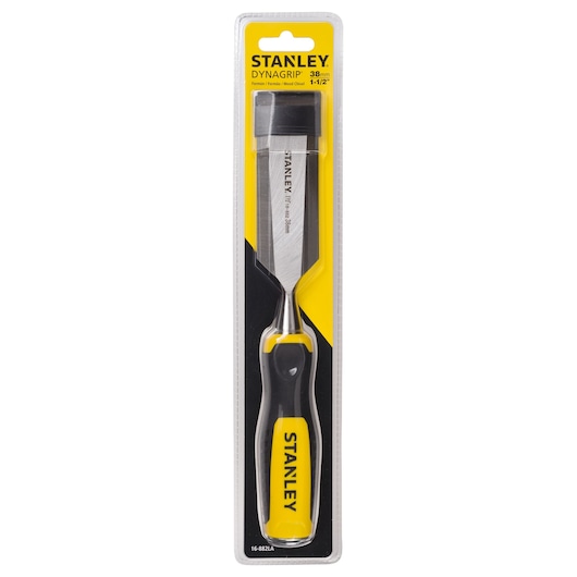 STANLEY 16-882LA wood chisel with yellow and black DynaGrip handle in retail packaging, front view.