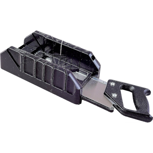 STANLEY miter box and saw set, black plastic box with angled slots and matching hand saw, angled front shot