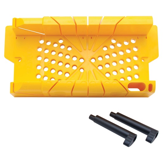 Stanley yellow plastic miter box with perforated base, two black saw guides, top-down view