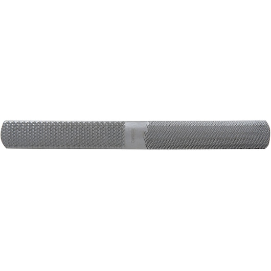 Stanley round wood rasp file, metal body with coarse and fine surfaces, side view on white background.