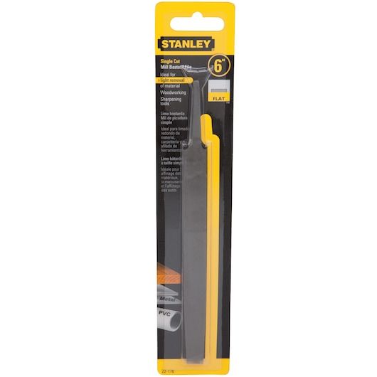 Stanley 22-170 flat mill bastard file in 6-inch packaging, front angle on white background.