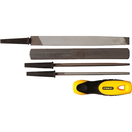 Photo of STANLEY 22-314 file set with four files and yellow-black ergonomic handle, flat lay on white.