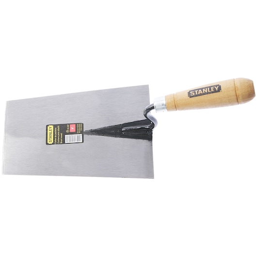 Photo of STANLEY 24-028 masonry trowel with wooden handle, angled on white background.