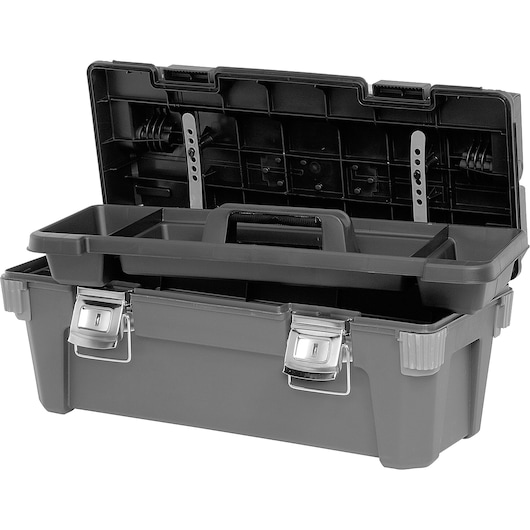 STANLEY 26-300 gray plastic toolbox with open lid, inner tray, and metal latches, front angle on white.