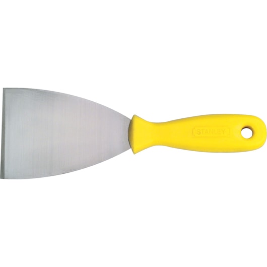Photo of STANLEY putty knife with yellow handle, wide steel blade, SKUs 28-083S, 28-083, photography category.