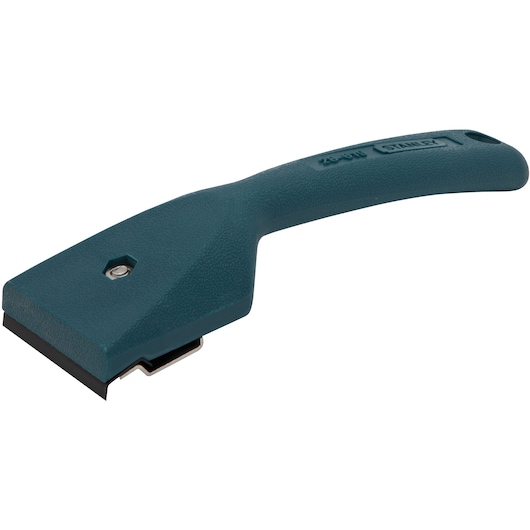 Stanley blue handled window scraper with flat blade, angled side view on white background