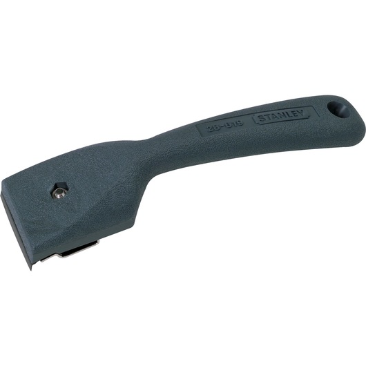 Photo of STANLEY 28-619 black heavy-duty hand scraper with angled handle, white background.