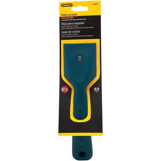 STANLEY 28-619 paint scraper, teal handle, front view, packaged, 63mm blade.