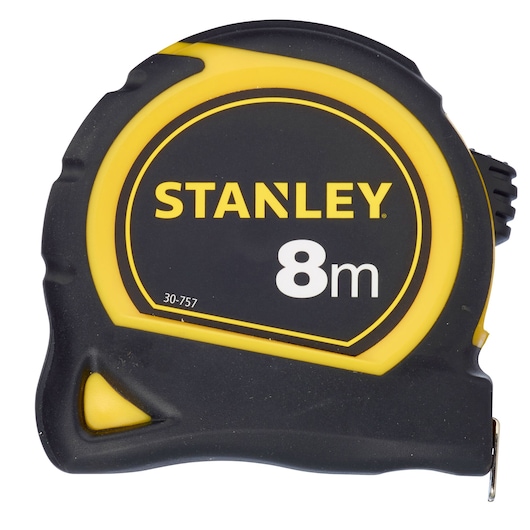 STANLEY 30-757 tape measure, 8 meter length, black and yellow casing, product photo front angle.