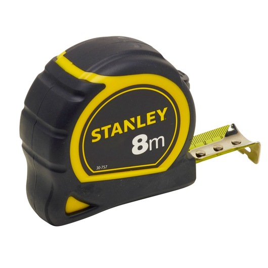 Photo of STANLEY 30-757 tape measure, 8m length, black and yellow, angled view on white background.