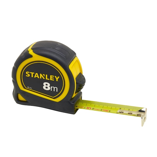 STANLEY 30-757 tape measure, 8m, black and yellow, product side view on white background.