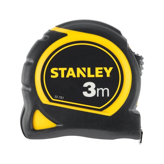 Photo of STANLEY 30-787 tape measure, 3 meter, black and yellow, photography, front angle on white background.