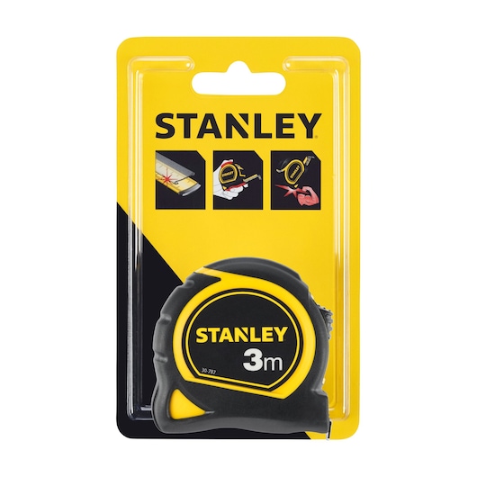 Photo of STANLEY 30-787 tape measure, 3m, black and yellow, in retail packaging, front angle.