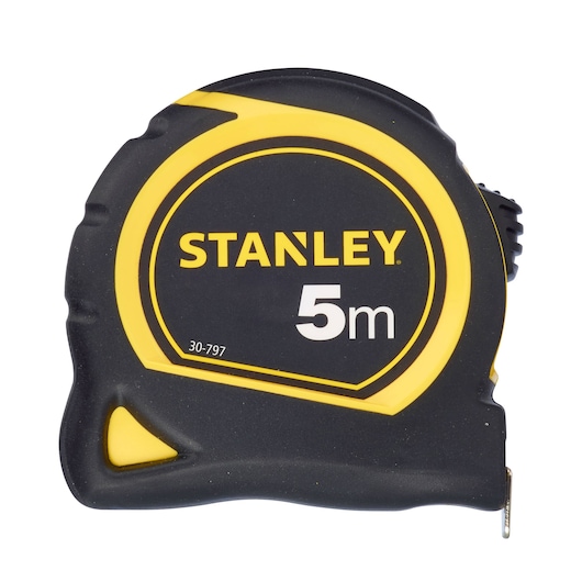 STANLEY 30-797 tape measure, 5 meter length, black and yellow, front angle photography on white background.