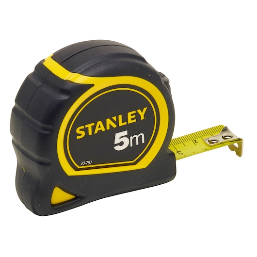 STANLEY 30-797 5m tape measure with yellow and black case, angled view, yellow measuring tape extended.