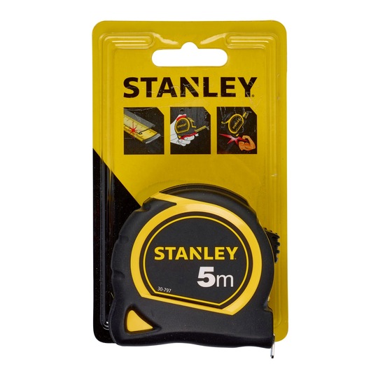 STANLEY 30-797 tape measure, 5m length, black and yellow casing, front view in retail packaging.