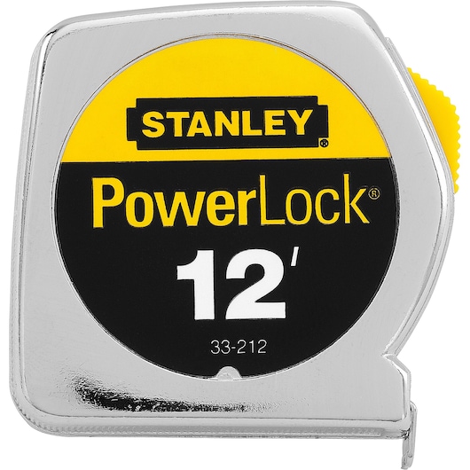 Photo of STANLEY 33-212 PowerLock 12-foot tape measure with chrome case, front angle on white background.