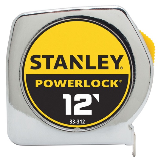 Front angle of STANLEY PowerLock 12-foot tape measure with chrome finish and yellow-black label