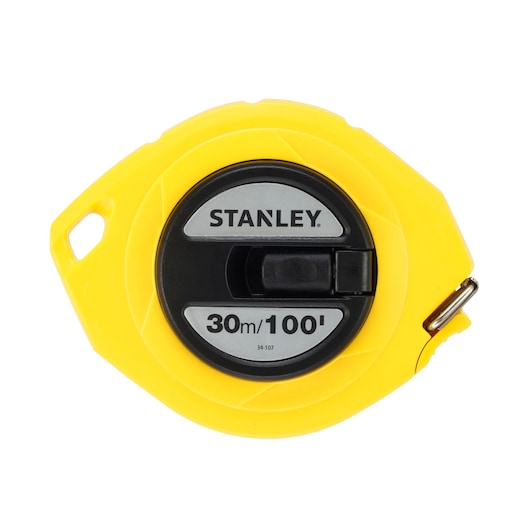 A yellow Stanley measuring tape reel with a 30 meter (100 feet) length indication, designed for measuring long distances.