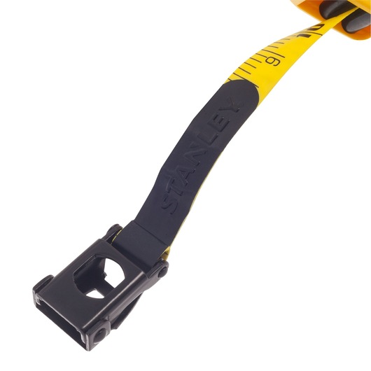 Stanley 34-263 tape measure blade and hook, close-up angle on white background.