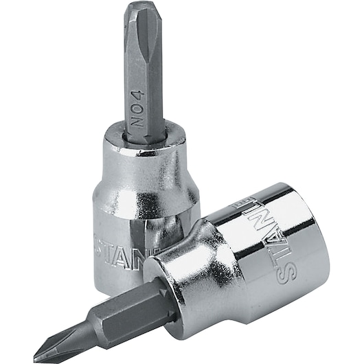 STANLEY 4-86-177 chrome screwdriver bits photography, front angle on white background.