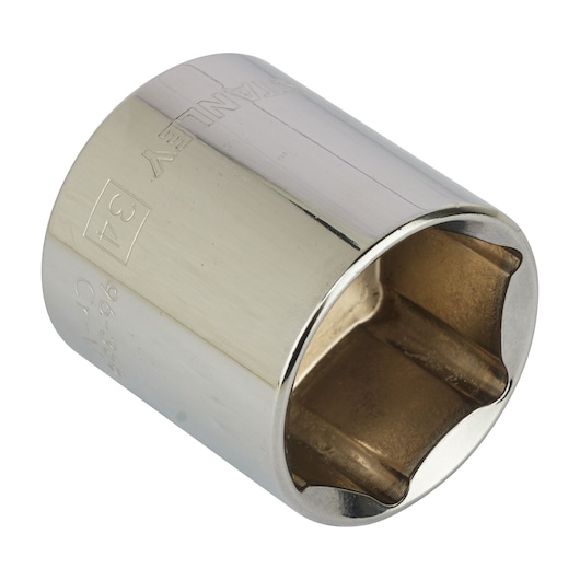 STANLEY 4-86-196 chrome socket, 34mm, for ratchet wrenches, photography on white background, angled view.