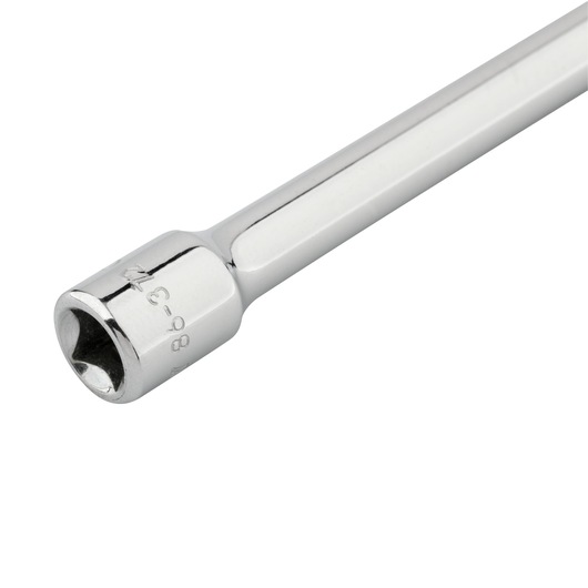 Close-up image of a chrome-finished socket wrench extension tool, part of a hand tool set, with engraved markings near the socket end.