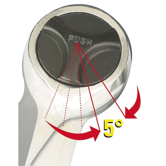 STANLEY 4-86-395 ratchet head close-up, showing push button, arrow graphics, and 5-degree angle indicator.
