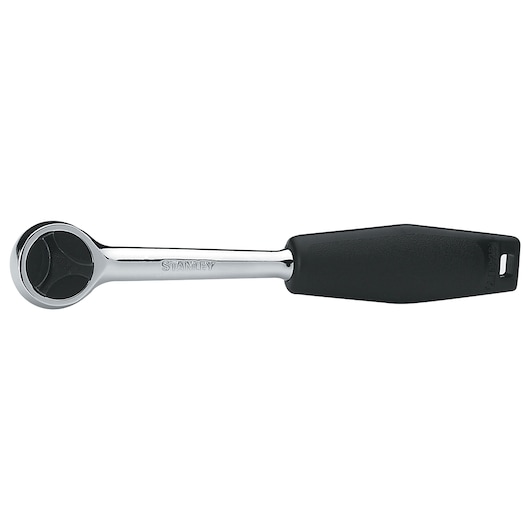 STANLEY 4-86-397 ratchet wrench with chrome finish and black ergonomic handle, side angle on white background.