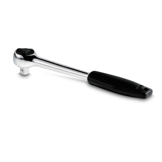 STANLEY 4-86-397 ratchet wrench with polished chrome handle and black grip, side angle on white background.
