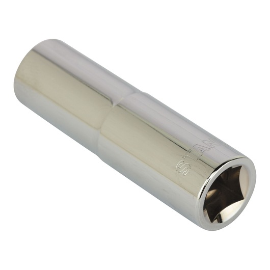STANLEY 4-86-424 chrome deep socket, cylindrical shape, front angle on white background.