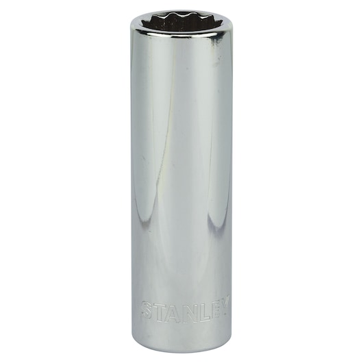 STANLEY 4-86-425 chrome deep socket, 12-point design, photographed upright on white background, hand tool accessory.