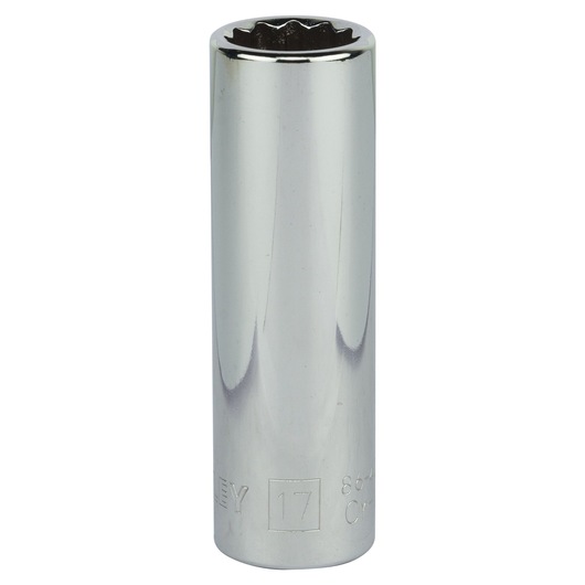 STANLEY 4-86-425 chrome deep socket, 12-point, 17mm, photographed upright on white background.