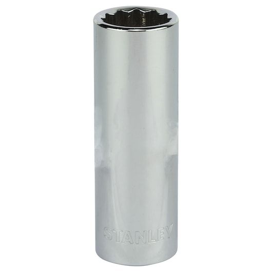 Stanley 4-86-427 chrome deep socket, front view, tool accessory for photography.