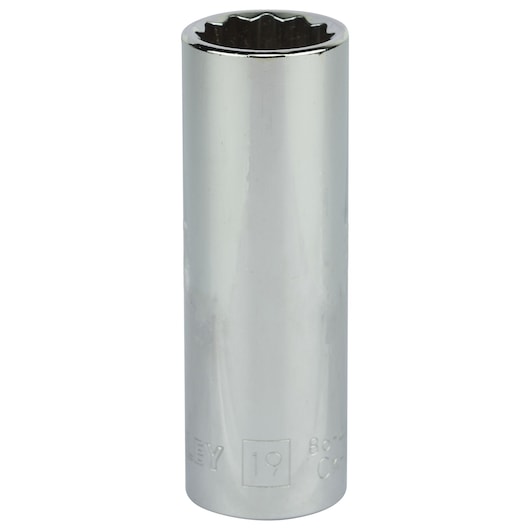 STANLEY 4-86-427 chrome finish deep socket, 12-point, shown upright on white background, photography.
