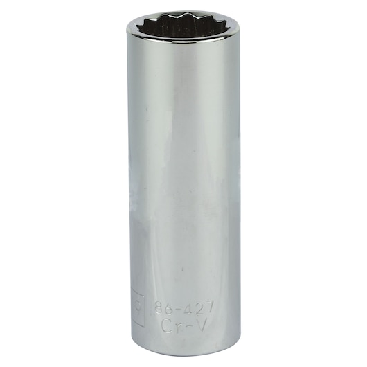 STANLEY 4-86-427 chrome deep socket on white background, cylindrical tool for turning fasteners.