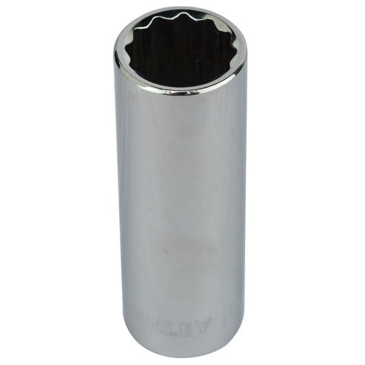 STANLEY 4-86-427 chrome deep socket, cylindrical with 12-point opening, product photography on white background.