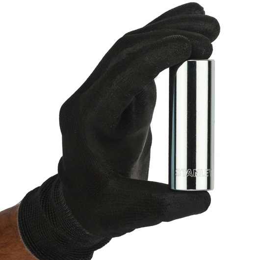 STANLEY 4-86-428 chrome socket held by a gloved hand, close-up side view, photography product category.