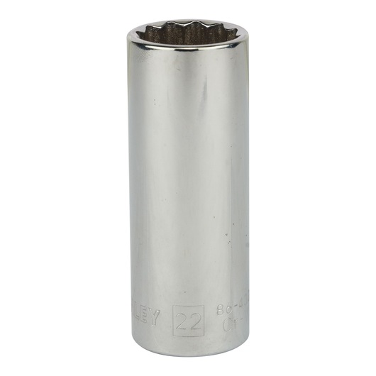 STANLEY 4-86-430 chrome socket, 22mm, long profile, product photography, front angle on white background.