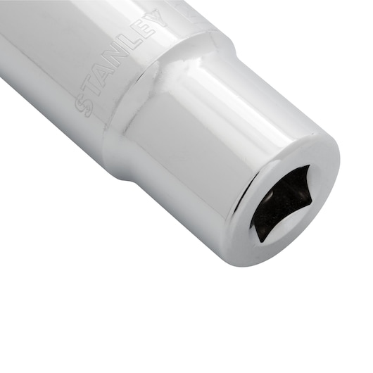STANLEY 4-86-434 chrome socket, close-up angle on white background, shows hexagonal opening and brand engraving.