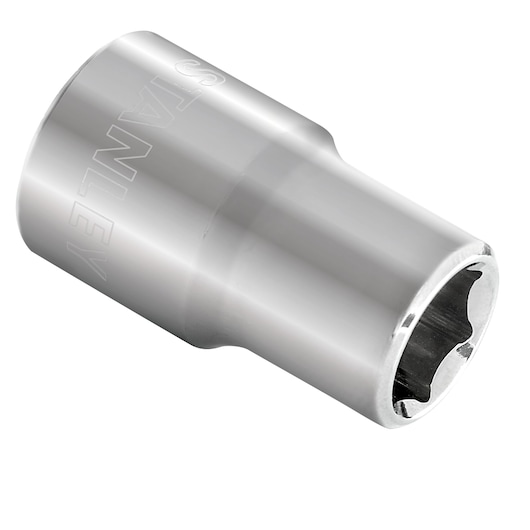 STANLEY 4-86-508 chrome socket, close-up angle on white background, tool for tightening bolts.
